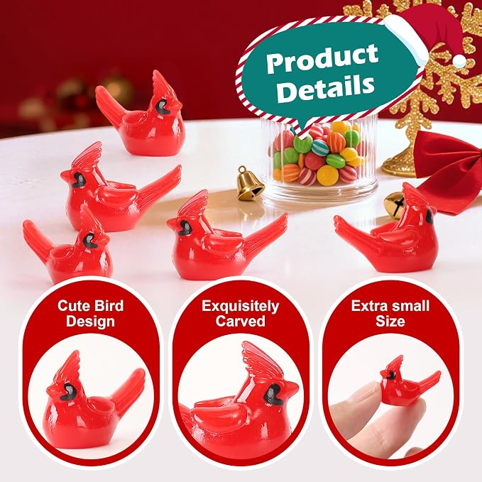 40 Pcs Mini Resin Red Cardinal Birds Christmas Tree Ornaments Bulk Tiny Animals Figurines for DIY Craft Supplies Mini Garden Decor Party Cake Toppers Dollhouses Xmas Gift