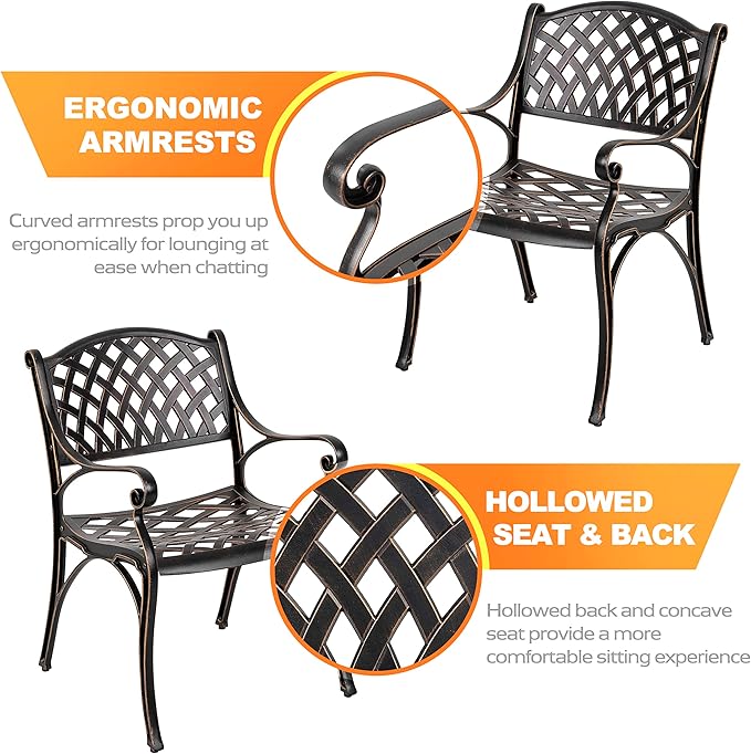 NUU GARDEN 5 Piece Outdoor Patio Dining Set with Beige Cushions, Cast Aluminum Round Dining Table with Umbrella Hole and Patio Dining Chairs for Garden, Balcony, Black with Bronze Edge