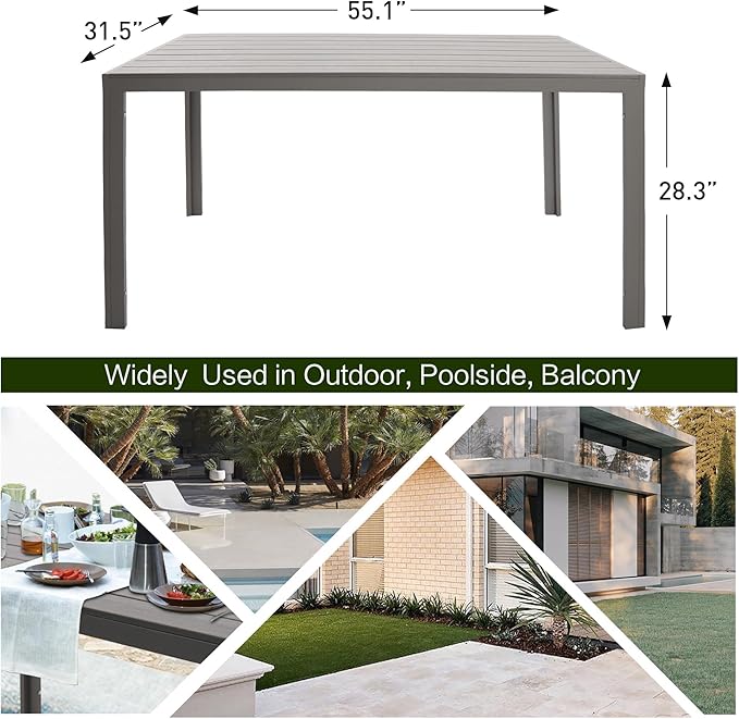 LUCKYERMORE Outdoor Dining Table for 6 Person, Outdoor Patio Table with Slat Tabletop and Aluminum Frame, 55" x 31" Patio Dining Table Rectangle Table for Deck Garden Lawn Backyard, Grey