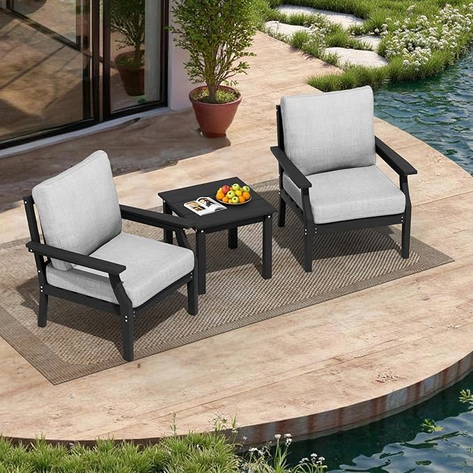 HDPE Patio Conversation Set, 3-Piece All Weather Outdoor Furniture Set with 2 Single Sofas for Deck, Lawn, with Cushion, Black
