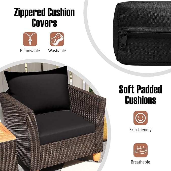 Tangkula 3-Piece Patio Furniture Set, Patiojoy Outdoor PE Wicker Bistro Set with Soft Cushions and Solid Acacia Wood, Outdoor Conversation Set with Porch, Balcony and Garden (Black)