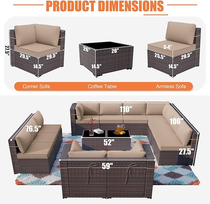 ALAULM 14 Pieces Patio Furniture Set Wicker Patio Conversation Set, Outdoor Sectional Furniture w/Coffee Table & Washable Seat Cushions-Sand