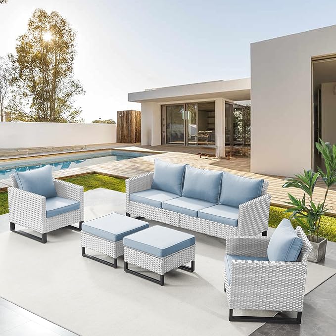 Belord Wicker Patio Furniture 5 Piece Outdoor Sofa Set, Oversize Outdoor Dining Chairs with Rattan Ottomans, Conversation Sets Patio Furniture Come with Removable Washable