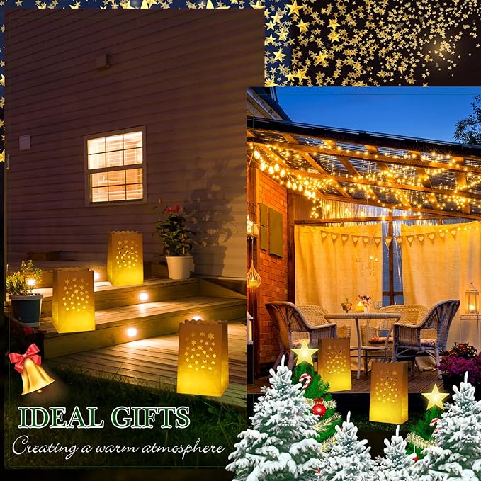 Sabary 50 Sets Luminary Bags with Flameless Tea Lights Outdoor Luminaries LED Lantern Candle Bags for Wedding Birthday Ramadan Christmas Party Decorations Romantic Decor(Star)