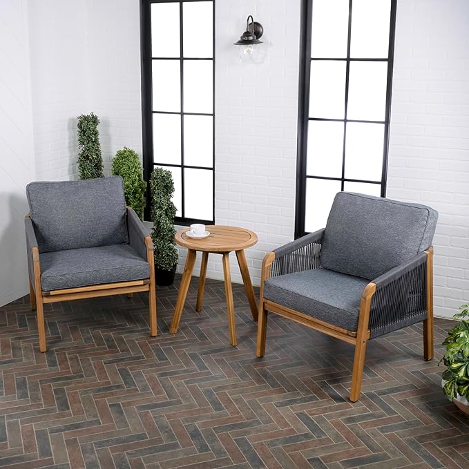 JONATHAN Y LVG1203B-3SET Aveiro 3-Piece Modern Bohemian Roped Acacia Wood Conversation Outdoor Patio Set with Cushions, Coastal, Contemporary, Transitional, Rustic, Cottage Gray/Teak Brown