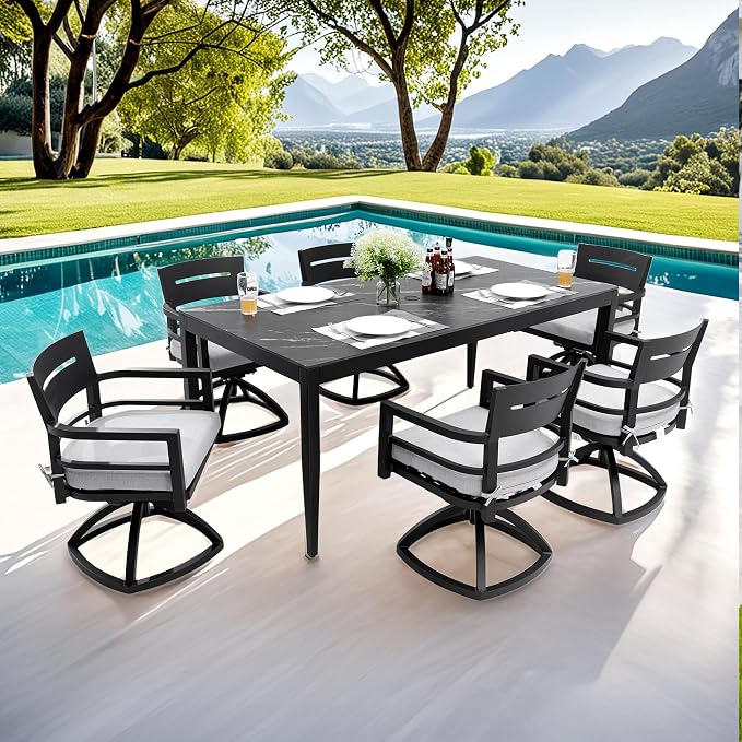 7PC Aluminum Outdoor Patio Dining Set, 71”Rectangular Black Marble Dining Table with Sintered Stone Top and 6 Cushioned Swivel Rockers, All-Weather Patio Furniture