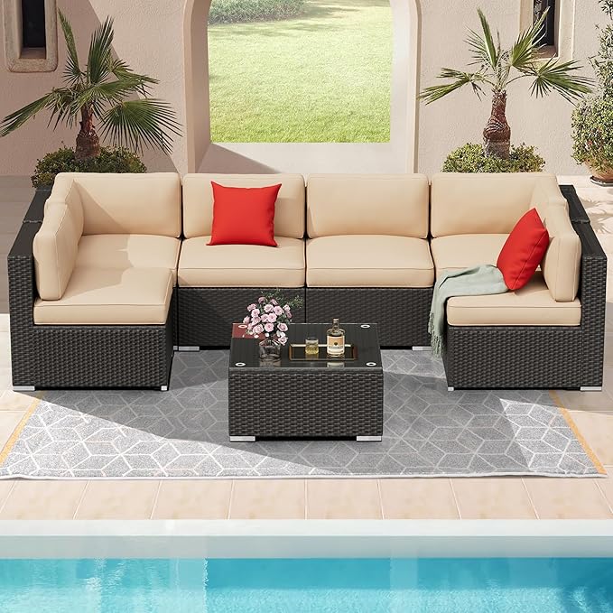 7 Pieces Outdoor Patio Furniture Set, Black Brown Wicker Patio Sectional Sofa Set, Outdoor Couch with Cushion and Tempered Glass Table, Brown