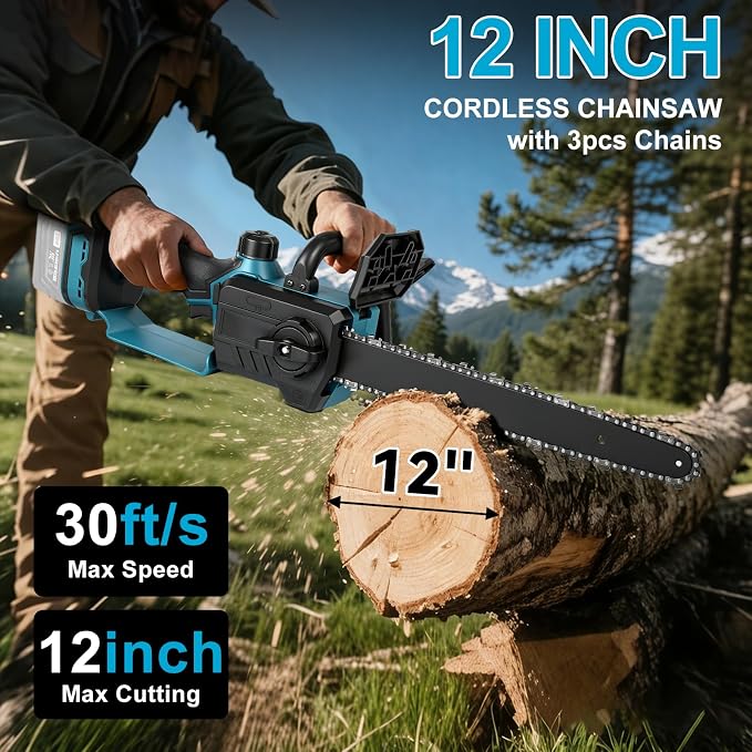 12 Inch Brushless Chainsaw Cordless for Bosch 18V Battery, Handheld Electric Chain Saw with 3 Chains, Tool-free Chain Tension and Auto Oiling for Wood Cutting Tree Trimming (Battery Not Included)