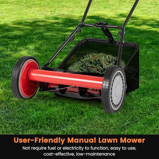 16" Manual Rear Mower, Push Lawn Mower with 5 Steel Blades, Adjustable Cutting Heights & Grass Catcher Bag, Walk-Behind Grass Cutter Lawn Sweeper for Garden, Park & Yard (Red)