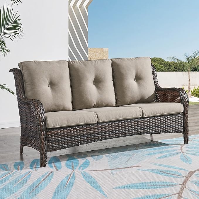Rilyson Outdoor Couch Wicker Patio Sofa - 3 Seat Rattan Sofa with Deep Seating and Comfortable Cushions for Outside Porch Deck Balcony Garden(Brown/Grey)