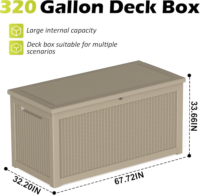 ROJIK 320 Gallon Deck Box Outdoor Waterproof,Weatherproof Outdoor Storage Boxes Lockable with Lid,Outside Resin Storage Bench for Patio Cushions,Garden Tools and Pool Accessories(Grey)