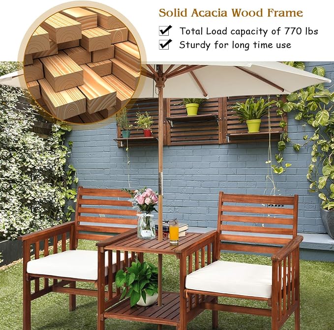 Tangkula Acacia Wood Loveseat, 3pcs Outdoor Table Chairs Set, Patio Conversation Set w/Coffee Table and Soft Cushions, 2.1-inch Umbrella Hole, 2-Seater Furniture Set (White)