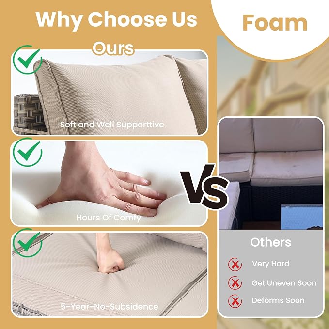 HOOOWOOO 5 Pieces Patio Furniture Set,L Shaped Outdoor Sectional Couch with Solar Table, Pe Wicker All Weather Outside Conversation Sofa Ottoman Set,Beige