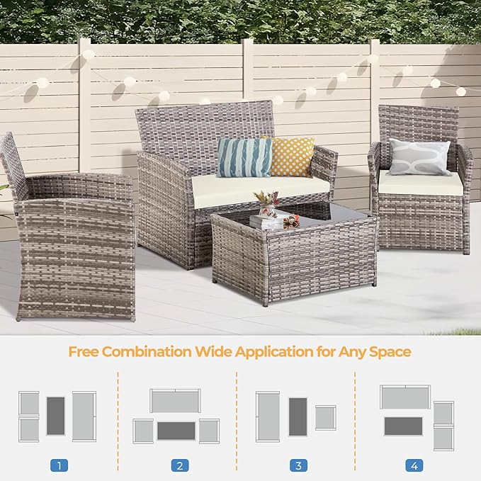 FHFO 4 Piece Outdoor Patio Furniture Set, Wicker Conversation Set, Rattan Table and Chairs and Loveseat with Cushions for Outside Balcony Porch Backyard (Gray-Beige)