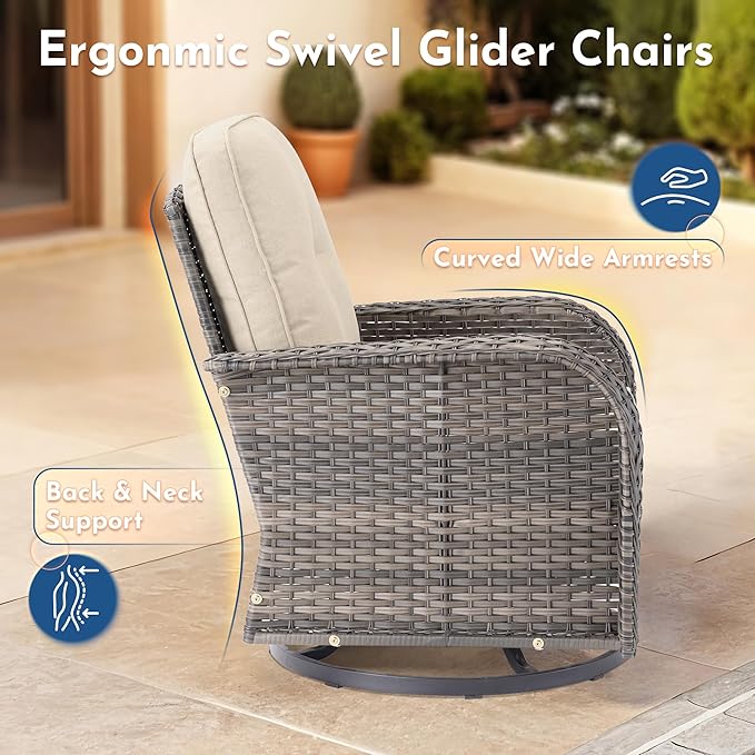 Weaxty Outdoor Swivel Rocker Patio Chairs, 3 Pieces Patio Furniture Set with Rocking Chair and Wicker Side Table, Outdoor Furniture Conversation Set for Porch, Deck, Yard, Balcony, Beige