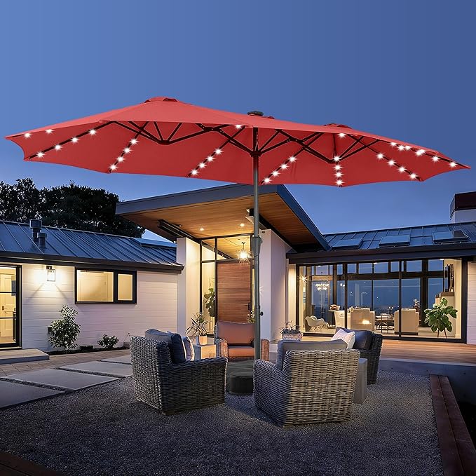 15 ft Patio Umbrella with 48 LED Lights, Large Rectangle Outdoor Solar Umbrella with Matching Base, Strap, Crank, Red