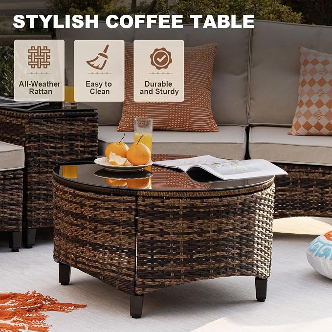 MEISSALIVVE 9 Piece Outdoor Patio Furniture Set, Half-Moon Curved Sectional Set with Wood Armrests, Patio Conversation Set for Porch,Deck,Balcony (Beige)