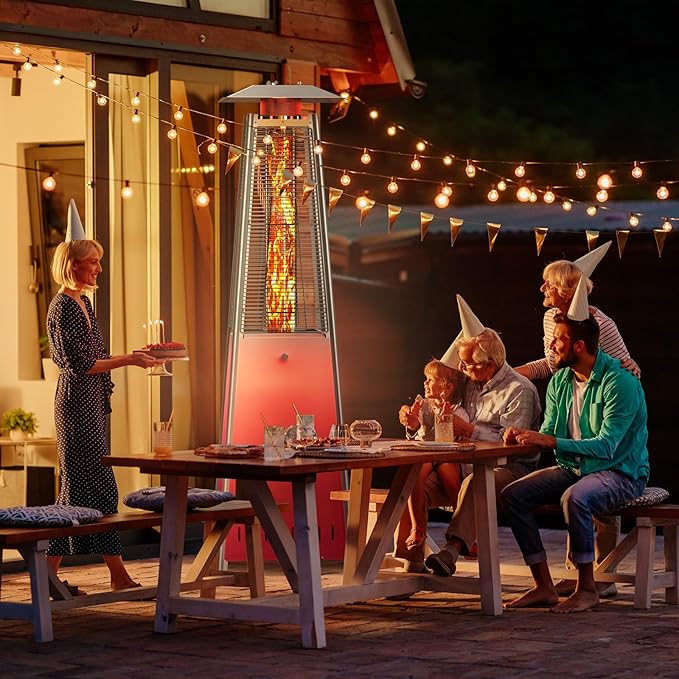 OLIXIS LED Pyramid Patio Heater, 48000 BTU Outdoor Heater with Wheels and Ignition, LED Propane Patio Heater for Home, Backyard, Garden,Deck and Patio
