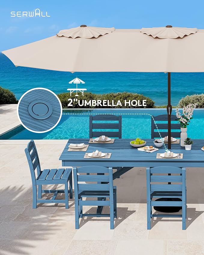 SERWALL 9 Piece Outdoor Dining Set, 84" HDPE Outdoor Table and Armless Chairs Set for 8，All Weather Patio Furniture Set with Umbrella Hole for Backyard, Garden, Blue