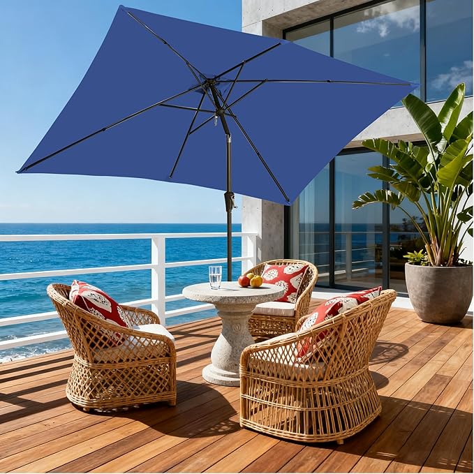 6.5x10FT Rectangular Patio Umbrella with Push Button Tilt & Crank Lift for Garden,UV Protection Outdoor Umbrella for Deck,Pool and Yard,Blue