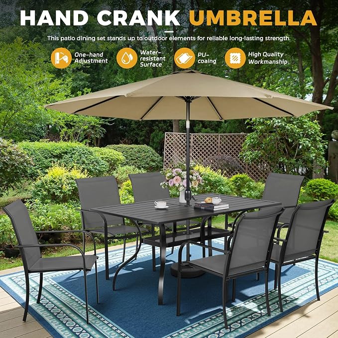 Incbruce 8 Pieces Patio Dining Set with Brown Umbrella, Outdoor Dining Set of 6 Textilene Chairs and Rectangle Table with Umbrella Hole for Backyard, Garden, and Poolside (Grey)