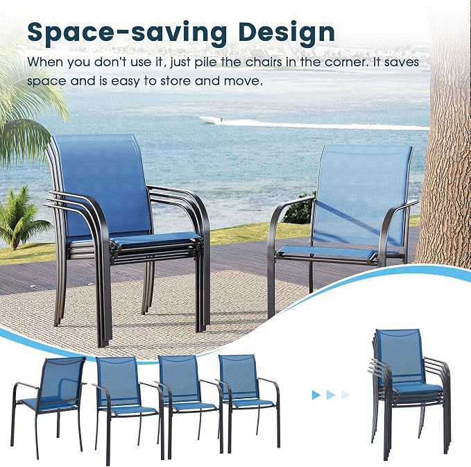 3 Pieces Patio Dining Set, 28" Square Dining Table with Storage Shelf, 2 Stackable Textilene Fabric Chairs, Metal Structure for Patio, Porch, Garden(Black Table, Blue Chair)