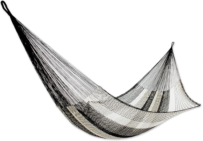 NOVICA Black Grey Striped Hand Woven Nylon Mayan 1 Person Rope Hammock with Hanging Accessories, 'Night Stripes' (Single)