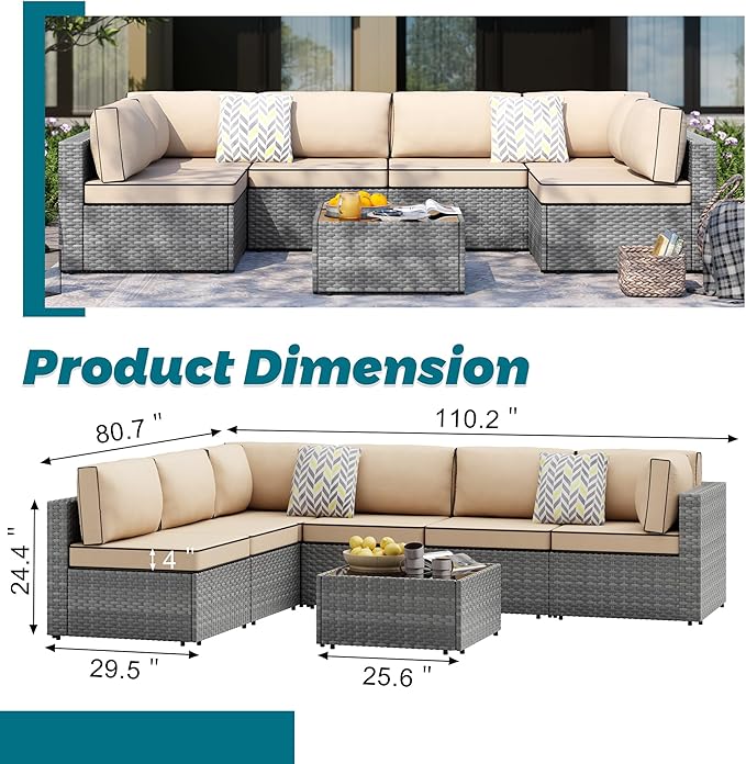SUNLEI Outdoor Patio Furniture Set 7 Pcs, Rattan Balcony Furniture with Backrest Glass Table & Washable Cushions with Sectional Design Small Conversation Patio Set (Silver/Khaki)