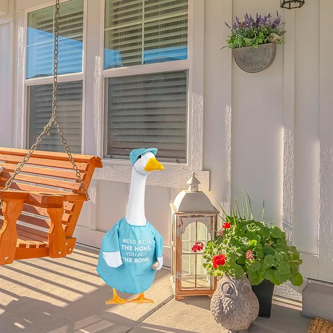 CAMDUCK Funny Porch Goose Outfit for 23 Inch Goose Statue, Mess with The Honk You Get The Bonk Goose Clothes, Decorative Lawn Geese Costume Clothing for Outdoor Decor (Light Blue)