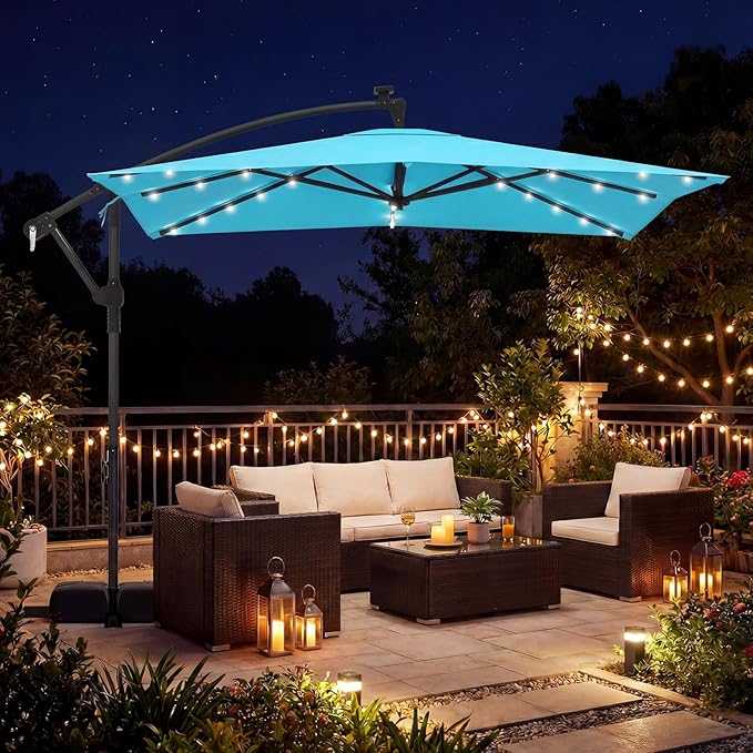 Tangkula 8x8 FT Solar Patio Umbrella with Base Included, Square Offset Cantilever Outdoor Umbrella with 360 Degree Rotation, 32 LED Lights, Crank Handle, 2 Sandbags, 8 Ribs, Air Vent for Pool Deck Garden Backyard