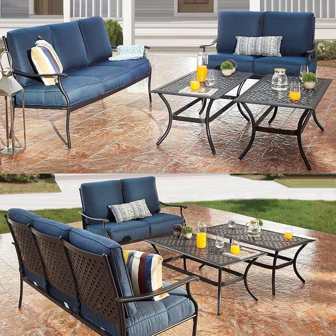 Patio Conversation Set 6 Pieces Metal Outdoor Furniture Seating Sets with Blue Thick Cushions, Rocking Chairs & Coffee Table & Loveseat