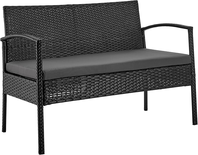 Manhattan Comfort Noli 4-Piece Patio Conversation Set, Outdoor Furniture Made of Steel Rattan | Includes 2 Modern Armchairs, Loveseat, Tempered Glass Coffee Table, Removable Waterproof Cushions, Grey
