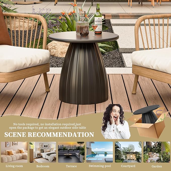 Round Metal Outdoor Patio Side Table, Steel Outdoor Accent Table, Black Small Patio End Table, for Garden, Pool, Yard, Balcony, Living Room, Deck, Weather Resistant, No Assembly