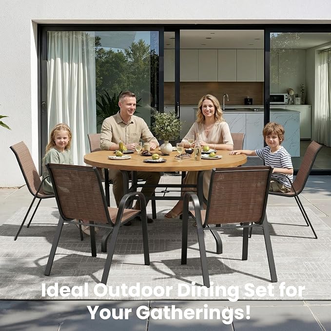 Soohow Patio Dining Set for 6, 7-piece Outdoor Dining Set 6 x Stackable Patio Chairs & 1 x Wood-Like Round Table with Umbrella Hole, All-Weather Outdoor Table and Chairs for Backyard, Balcony, Porch