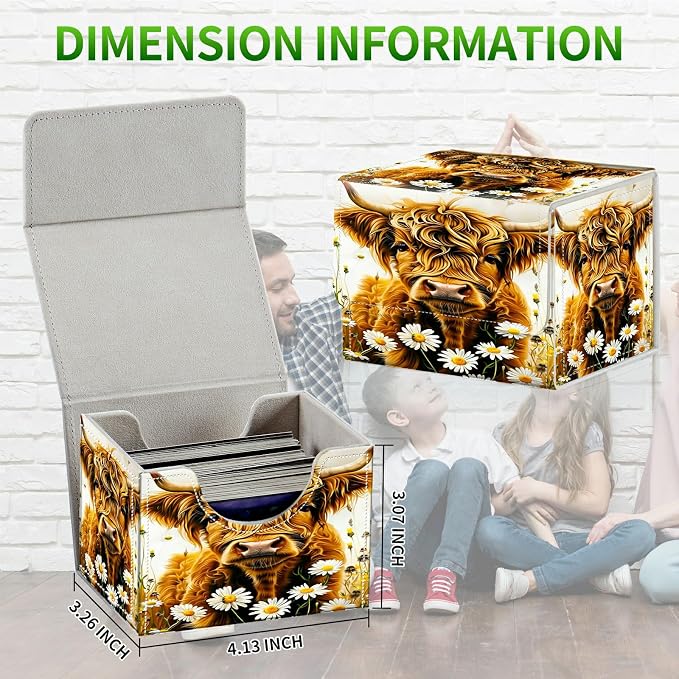 Card Deck Box for MTG, Cards Storage Box Fits 120+ Sleeved, Leather Small Size Strong Magnetic Closing Card Case for Board Games Magic TCG CCG Baseball Collection, Flower Yellow Cow