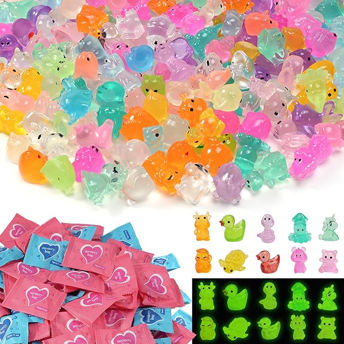 320 Pcs Mini Resin Animals with Blind Bags, Glow in The Dark Tiny Resin Figures Mystery Bags, Miniature Animals for Classroom Rewards, Party Favors, Fairy Garden & Dollhouse Decor
