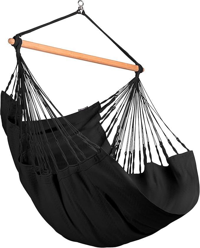La Siesta® Large Comfort Habana Cotton Hanging Hammock Chair, Indoor Outdoor Hammock Swing Chair, Boho Hanging Chair Bedroom Patio, Max 285 Lbs, Onyx