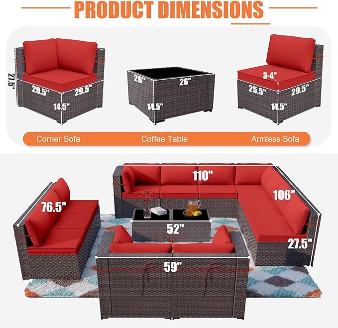 ALAULM 14 Pieces Patio Furniture Set Wicker Patio Conversation Set, Outdoor Sectional Furniture w/Coffee Table & Washable Seat Cushions-Red