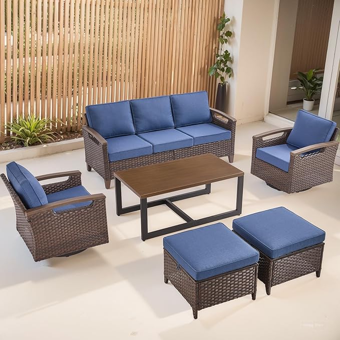 Rilyson Wicker Outdoor Patio Furniture Set - 6 Piece Patio Conversation Sets with Swivel Rocker Chairs, Sofa, Ottomans and Coffee Table, Thick Cushions, Waterproof Wicker, for Porch Deck Brown/Blue