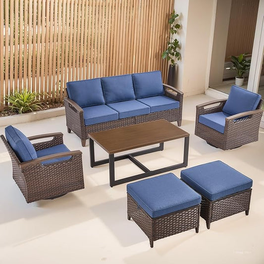 Rilyson Wicker Outdoor Patio Furniture Set - 6 Piece Patio Conversation Sets with Swivel Rocker Chairs, Sofa, Ottomans and Coffee Table, Thick Cushions, Waterproof Wicker, for Porch Deck Brown/Blue