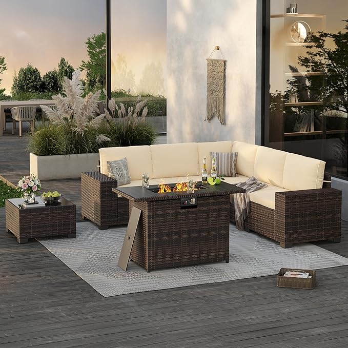 Soohow 7-Piece Patio Furniture Set with 44" Fire Pit Table, Outdoor Sectional Wicker Rattan Conversation Set for Garden, Porch, Backyard - Beige Cushions