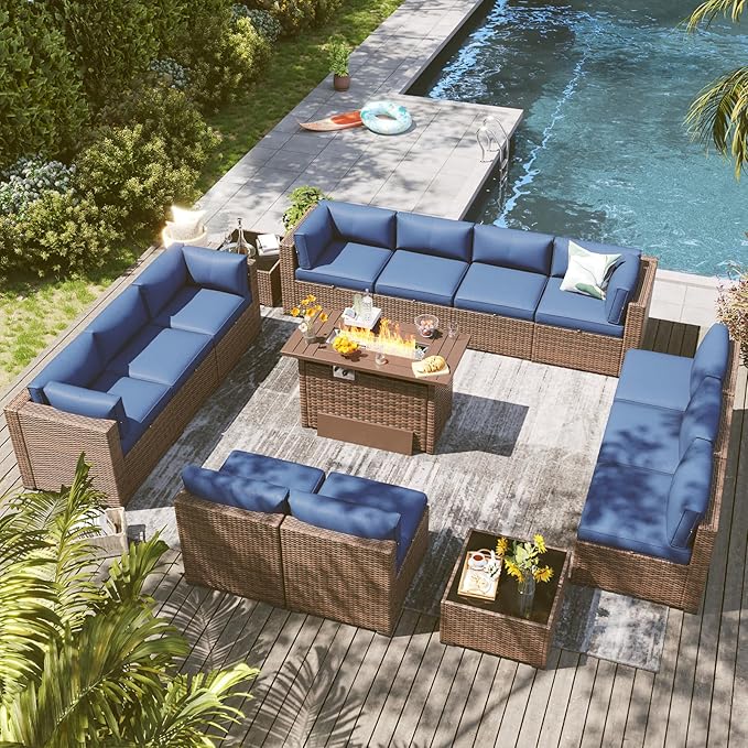 LazySunsets 15 Piece Outdoor Patio Furniture Set with 44'' Fire Pit Table, Outdoor Patio Furniture Set with Waterproof Cover, Wicker Rattan Outdoor Conversation Set for Backyard & Garden, Blue