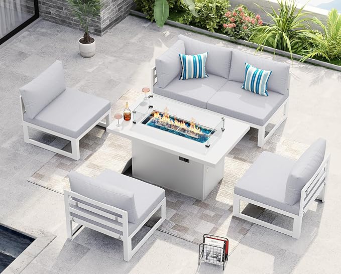 NICESOUL 6 Piece Aluminum Patio Furniture Set with Fire Pit Table Propane/Natural Gas, 29'' Deep Seating White Outdoor Sectional Sofa, Modern Large L-Shaped Conversation Couch for Deck, Light Grey