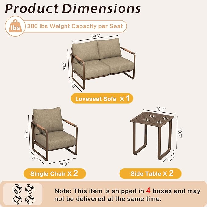 MBY Outdoor Aluminum Patio Furniture Set, 4-Seats Patio Conversation Sofa Set with 2 Coffee Table and Thickened Cushions, All Weather for Pool, Garden-Brown