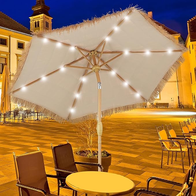 GDY 7.5 ft Tiki Patio Umbrella, Hula Thatched Umbrella with18 LED Sloar Ligths, Pool, Patio, Beach