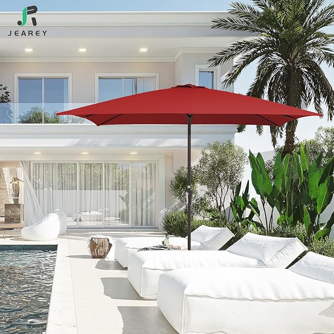 JEAREY 8x10 ft Rectangular Patio Umbrellas Outdoor Table Market Umbrella w/Crank, 8 Sturdy Ribs, UV Protection Windproof Sunproof for Garden, Deck, Backyard, Pool(Red)