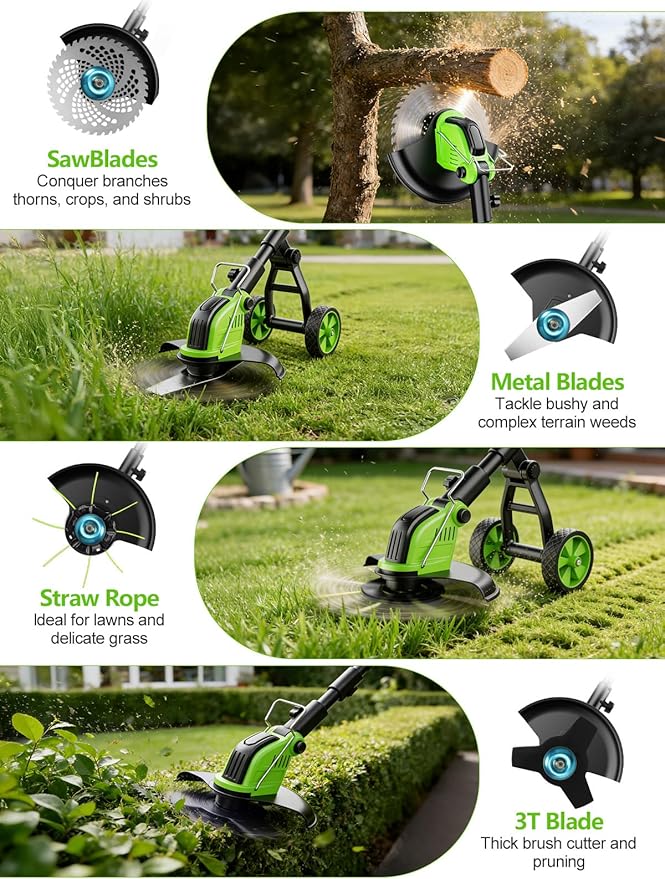 20,000RPM Cordless Electric Weed Wacker, 800W Brushless Weed Eater with Wheels