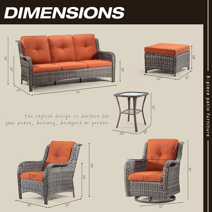 Wicker Patio Furniture Sets 8 Piece Set with 3-Seat Sofa, 2 Swivel Rocking Armchairs, 2 Armchairs, 2 Ottoman and 1 Side Table Wicker Furniture Sectional Conversation Set, Orange