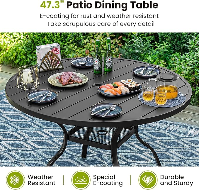 47.3 Inch Outdoor Dining Table for 6 – E-Coating Metal Round Patio Table with Adjustable 1.57" Umbrella Hole, All-Weather Table for Porch, Garden, Backyard, Poolside, Lawn