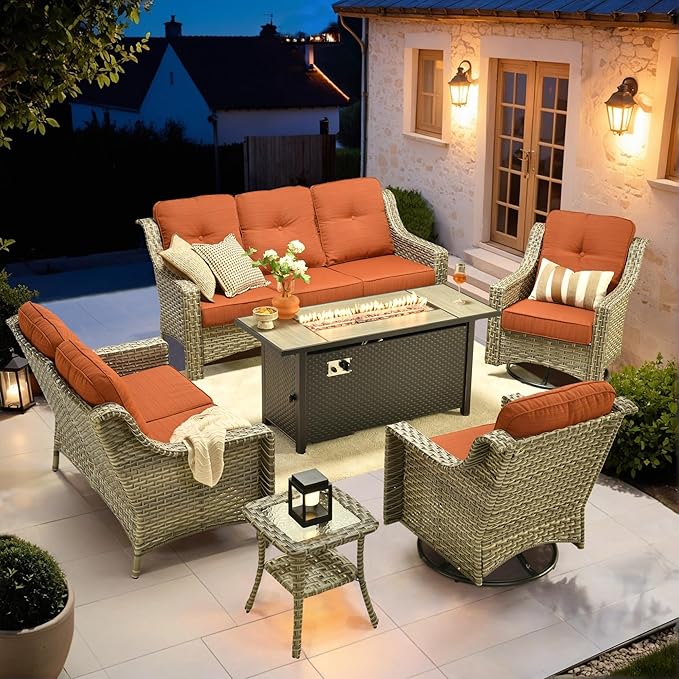 HOOOWOOO Patio Furniture Set,6 Pieces Wicker Outdoor Furniture,High Back Conversation Set with All Weather Resistant Fire Pit Table Couch Swivel Chairs,Orange Red